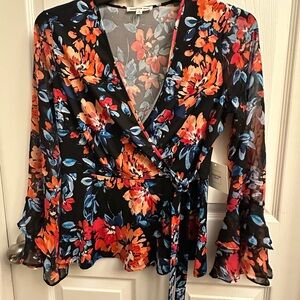 PerSeption Concept Floral Wrap Blouse - Black, Orange, and Blue